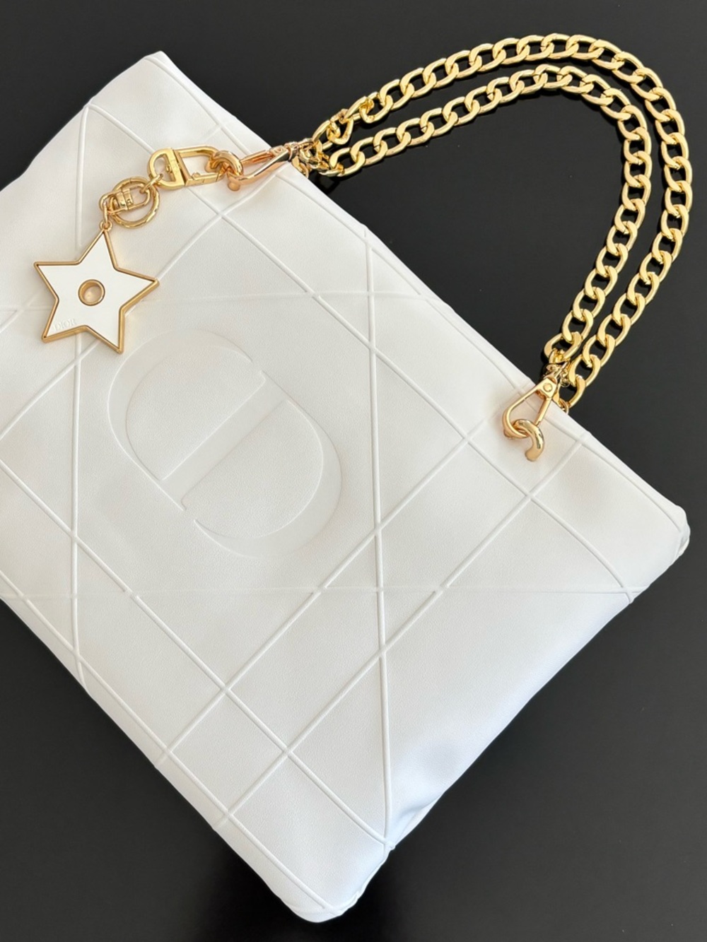 White Quilted Tote Bag with Gold Chain Handles